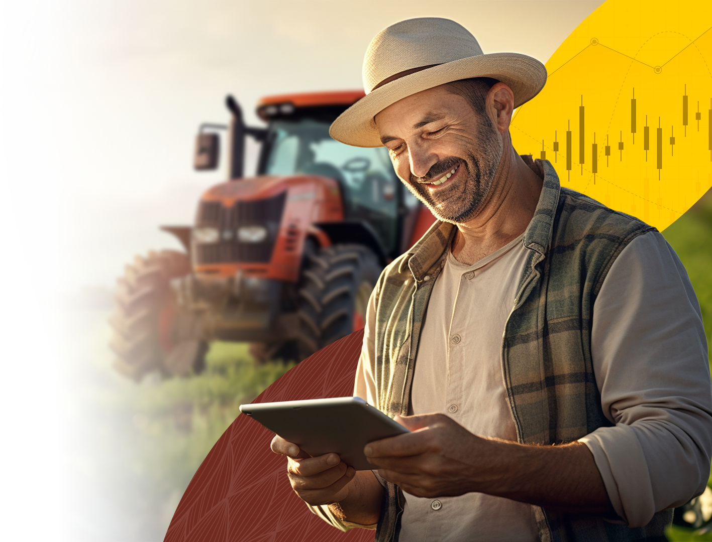 Agricultor usando tablet com trator ao fundo