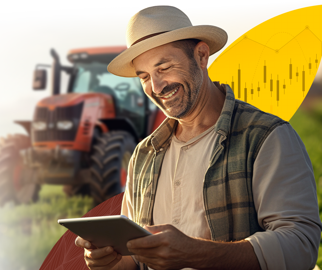 Agricultor usando tablet com trator ao fundo
